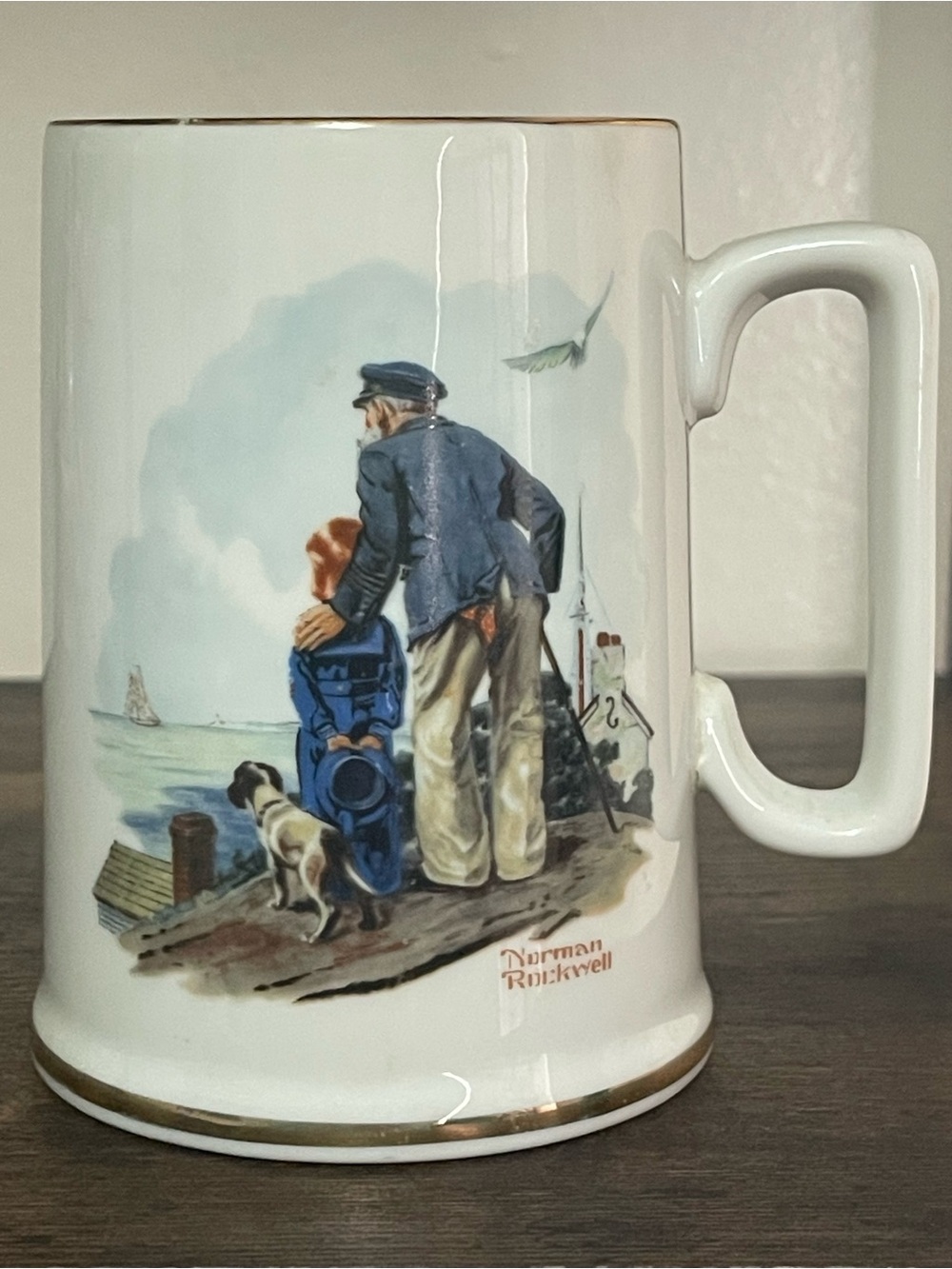 Norman Rockwell White Mug with Blue, Tan and Gold Accents